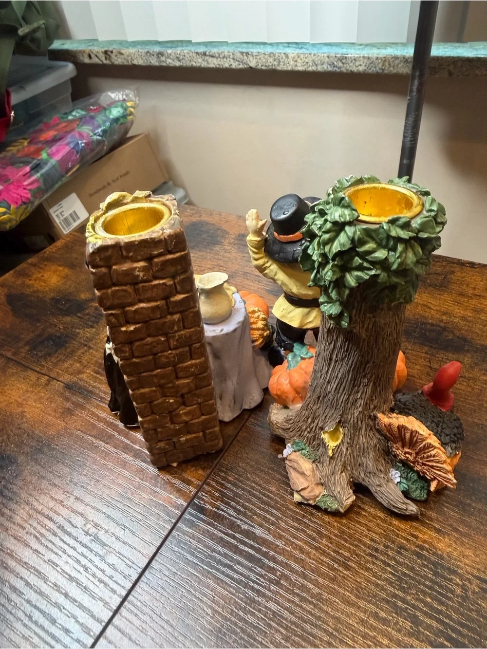 Vintage 1997 Painted Ceramic Pilgrim Candle Holders Pair Thanksgiving